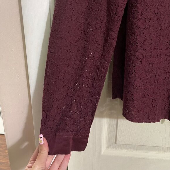 LOFT Womens Burgundy Red Long Sleeve Lace Semi Sheer Button Up Blouse Size Large - Picture 4 of 7
